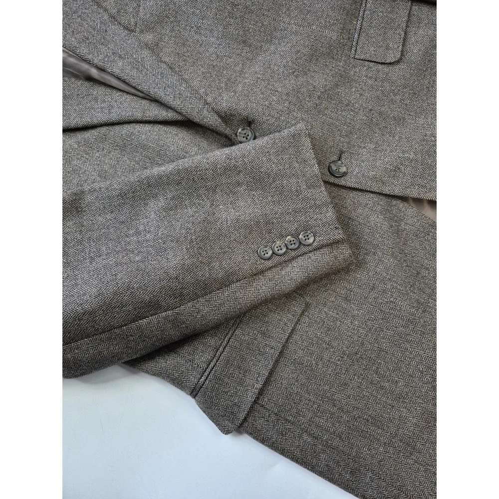 RBM Mens Wool Sports Coat 46R Taupe Herringbone 2 Button Blazer H703